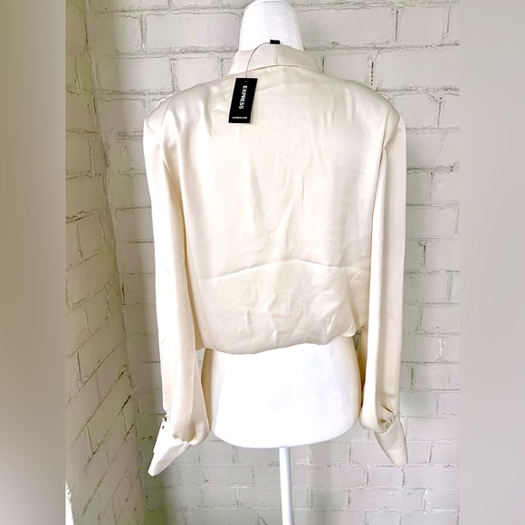 NWT, Express Ivory Embellished Cuff Draped Front Satin Blouse - XS - NWT - Picture 6 of 16